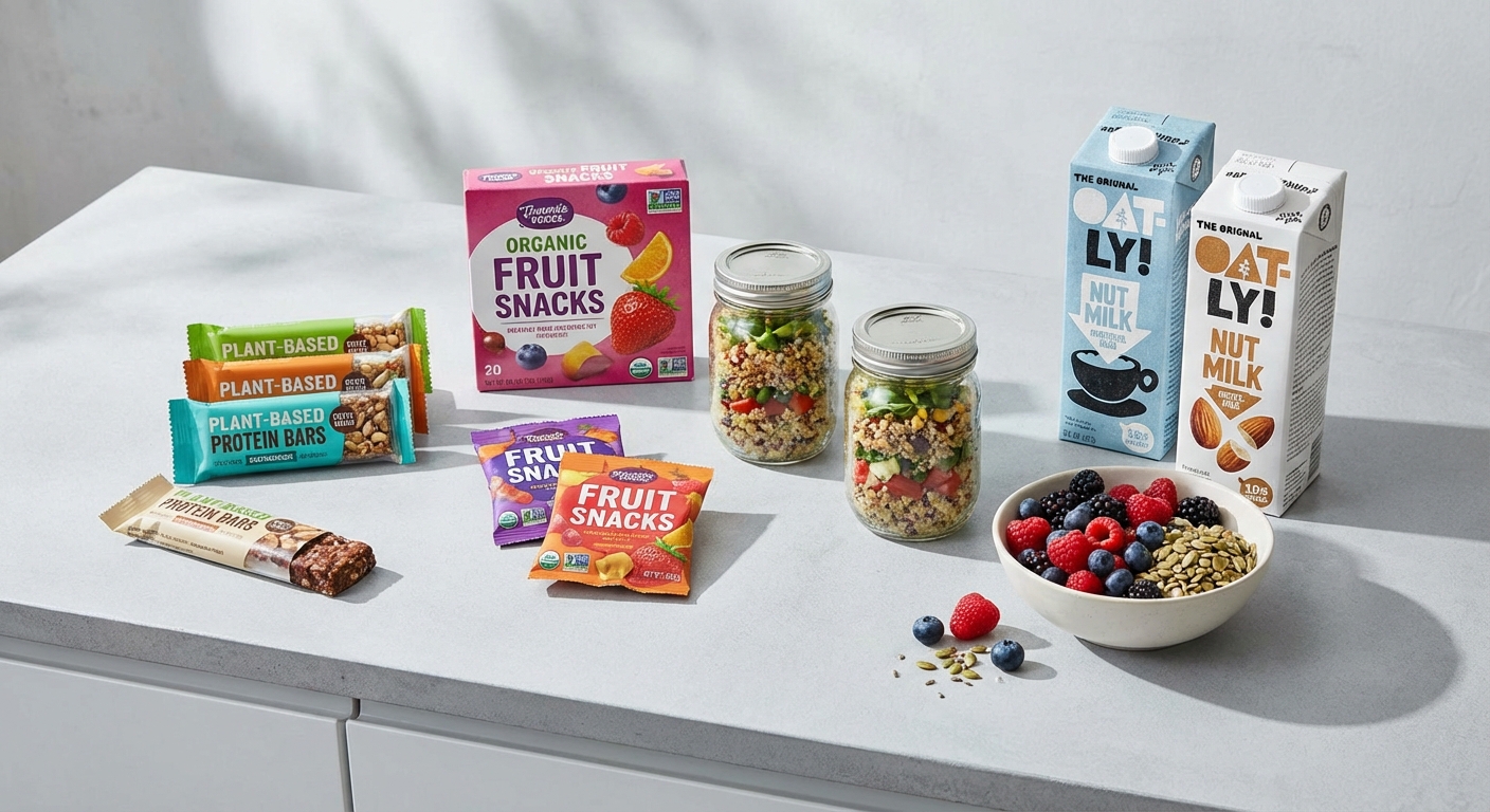 A diverse range of modern, healthy food products on a clean background.