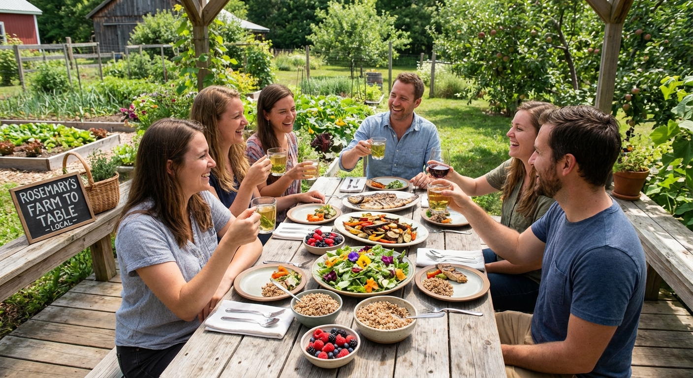 A group of friends enjoying a healthy, locally-sourced meal together.