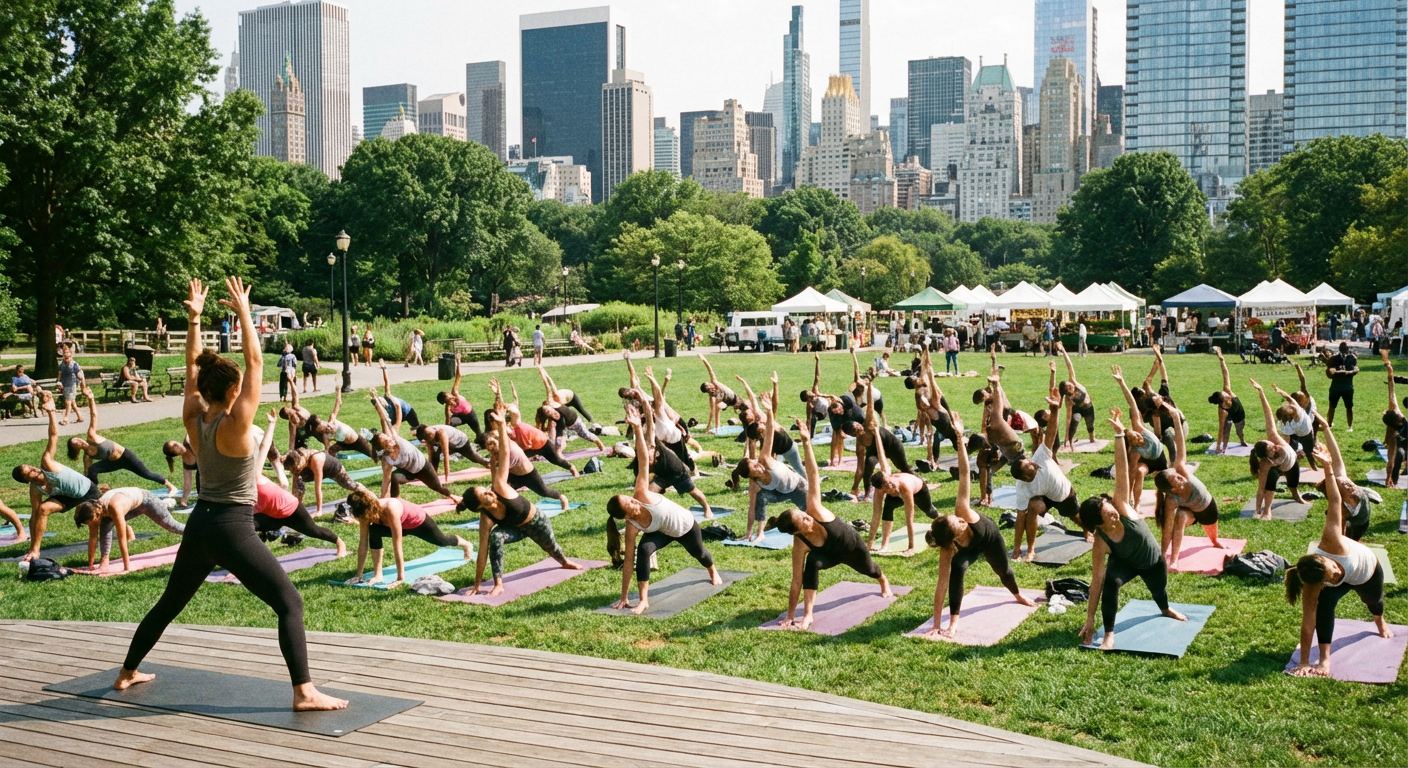 A group of people participating in an outdoor yoga class in a city park.