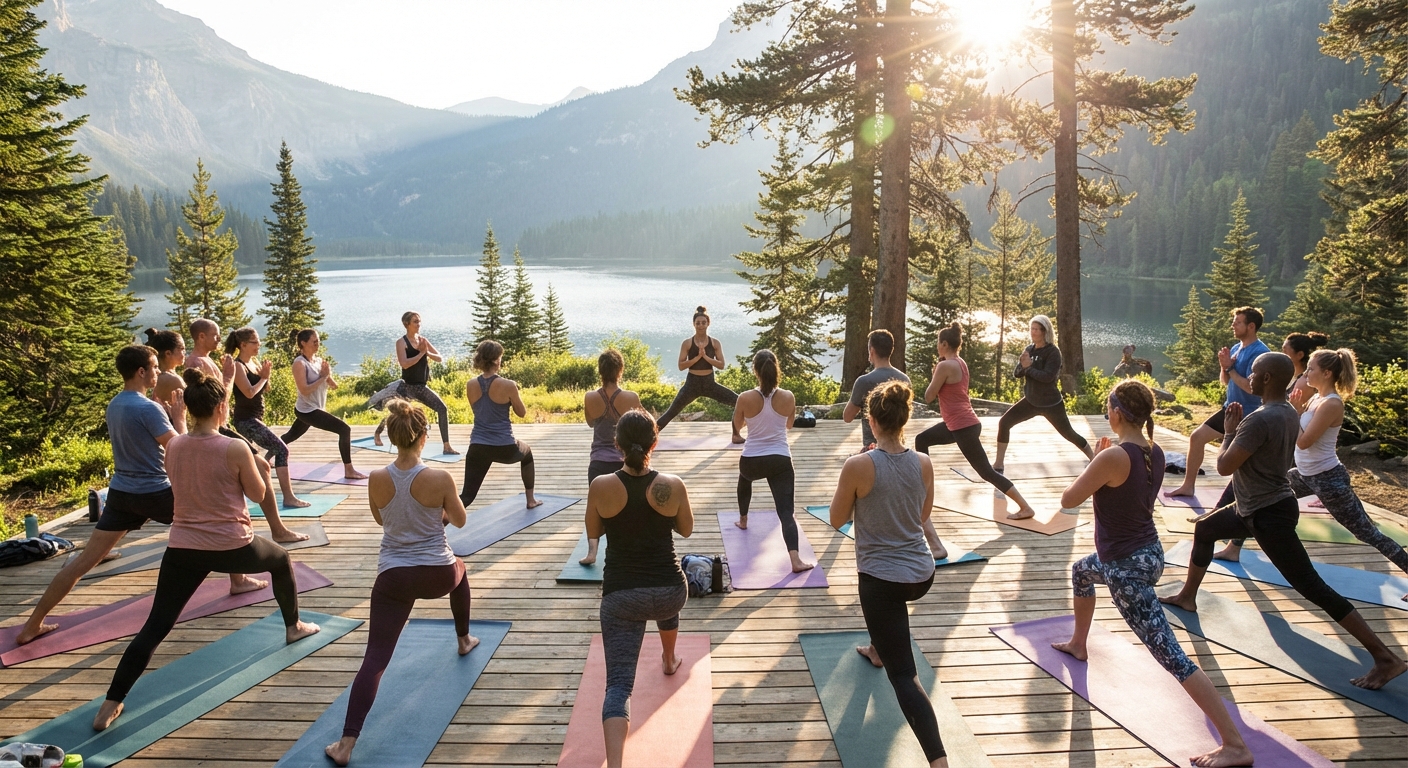 A group of people participating in an outdoor yoga class.