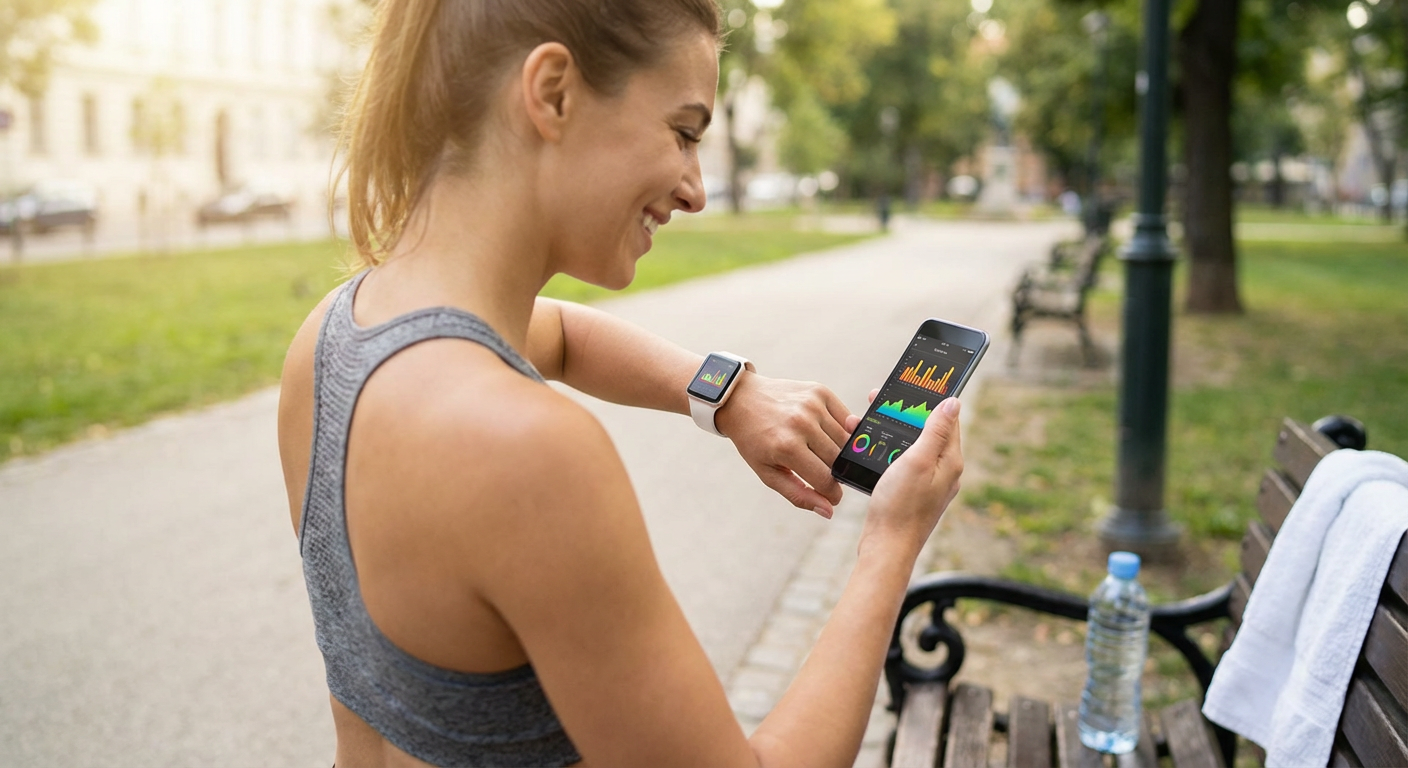 A person checking their fitness progress on a smartwatch and smartphone app.