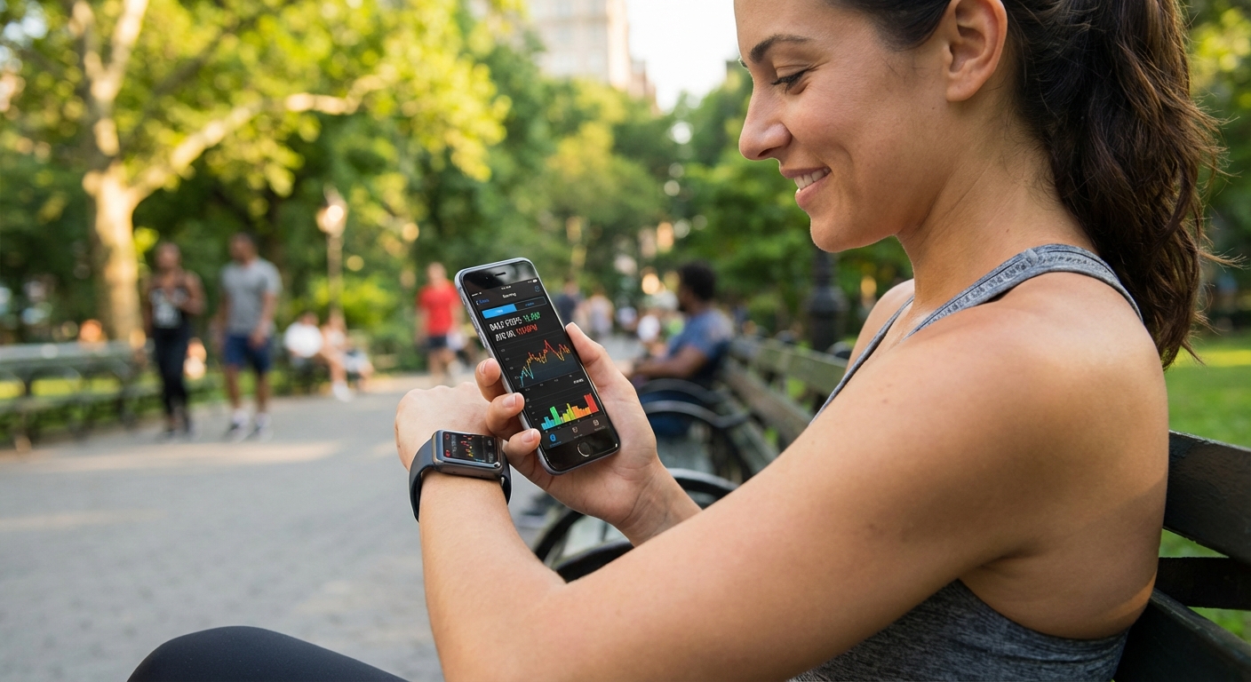 A person tracking their health metrics on a smartphone and smartwatch.