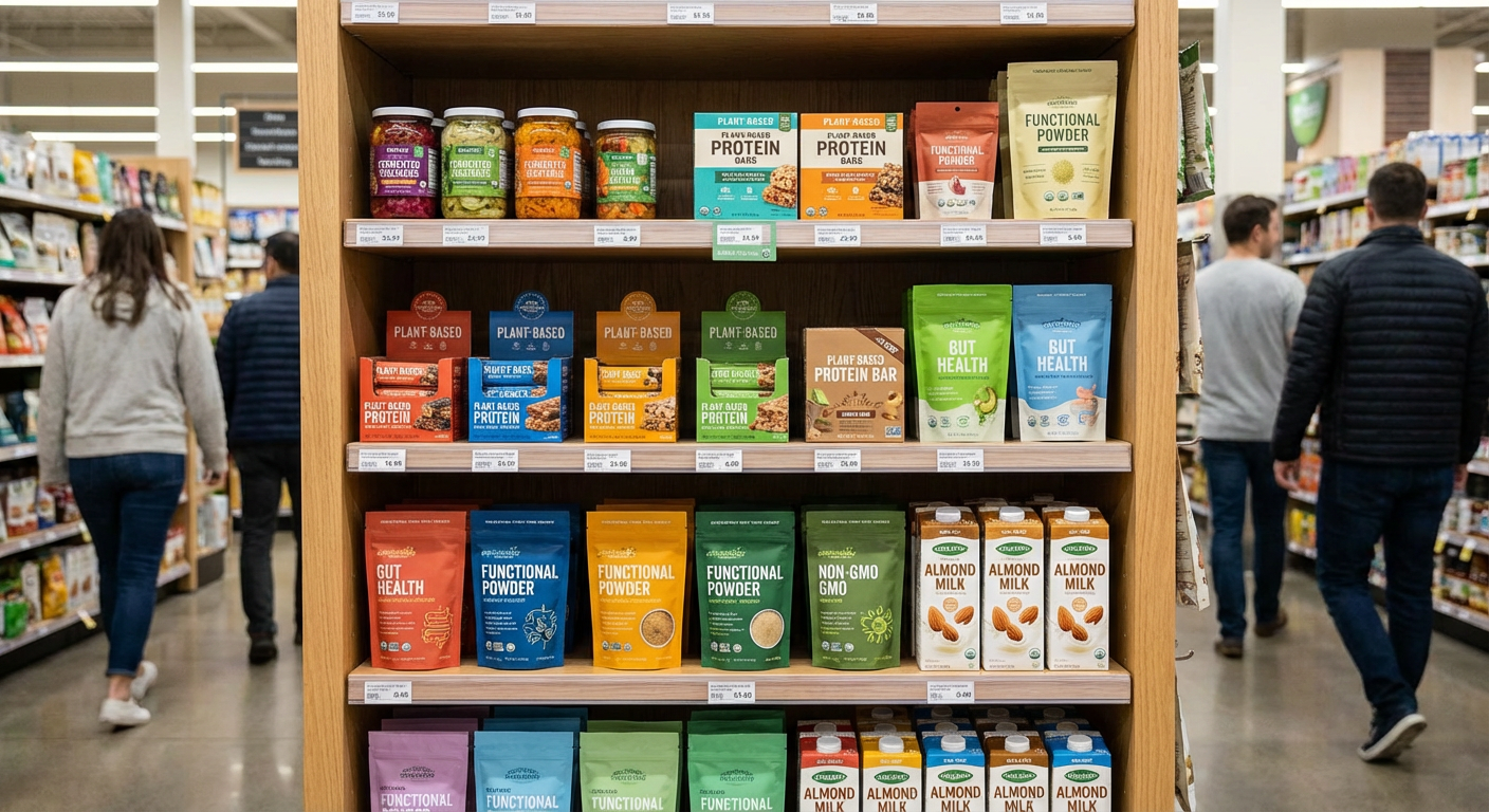 A showcase of modern, health-focused food products on a supermarket shelf.