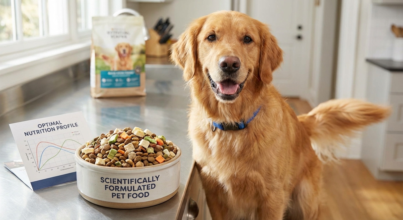 A nutritious bowl of scientifically formulated pet food next to a happy dog.