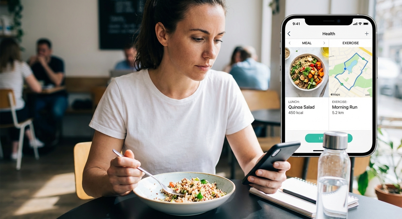 A person tracking their meal and activity on a smartphone health app.
