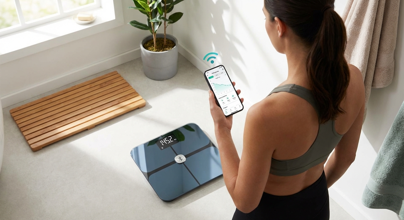 A person using a digital scale that syncs with a mobile health application.