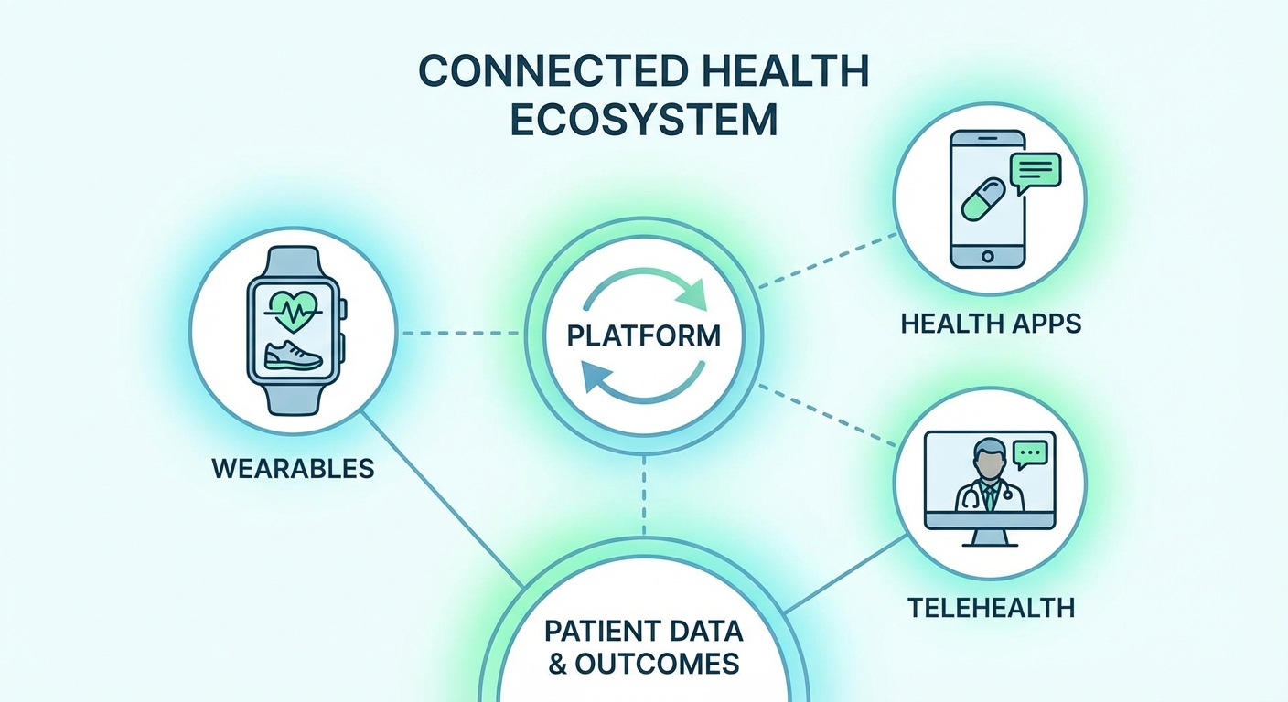 An infographic displaying connected health services like wearables, apps, and telehealth.