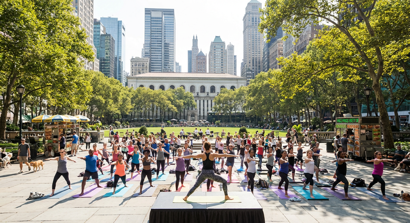 A group of people participating in an outdoor yoga class in a city park.