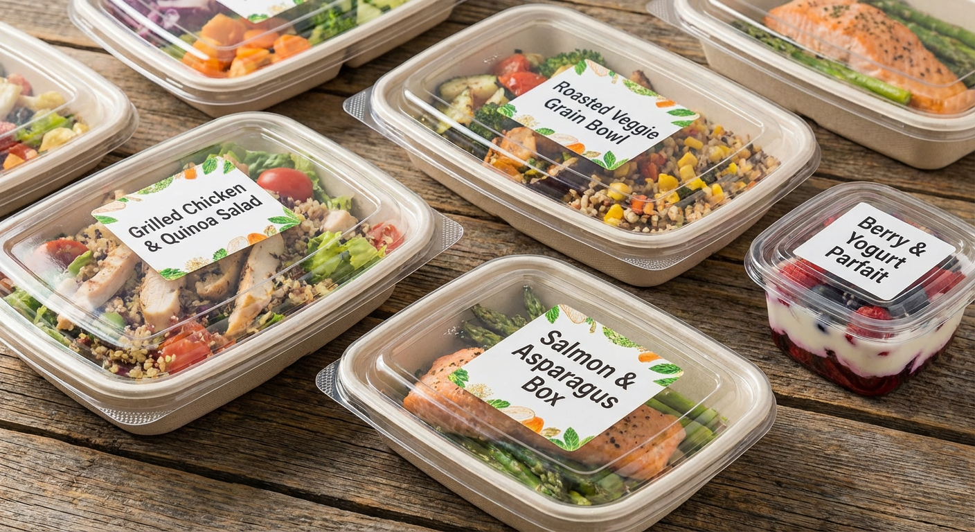 A selection of fresh, pre-packaged healthy meals.