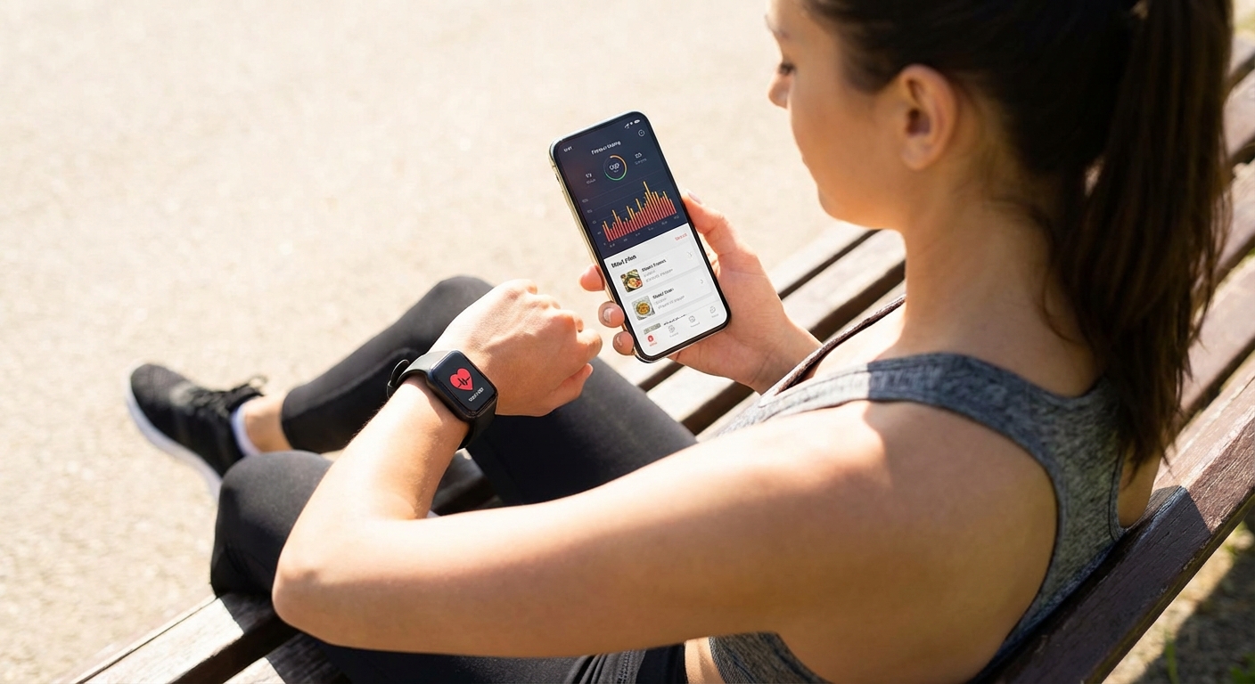 A woman using a health and wellness app on her smartphone while looking at her smartwatch.