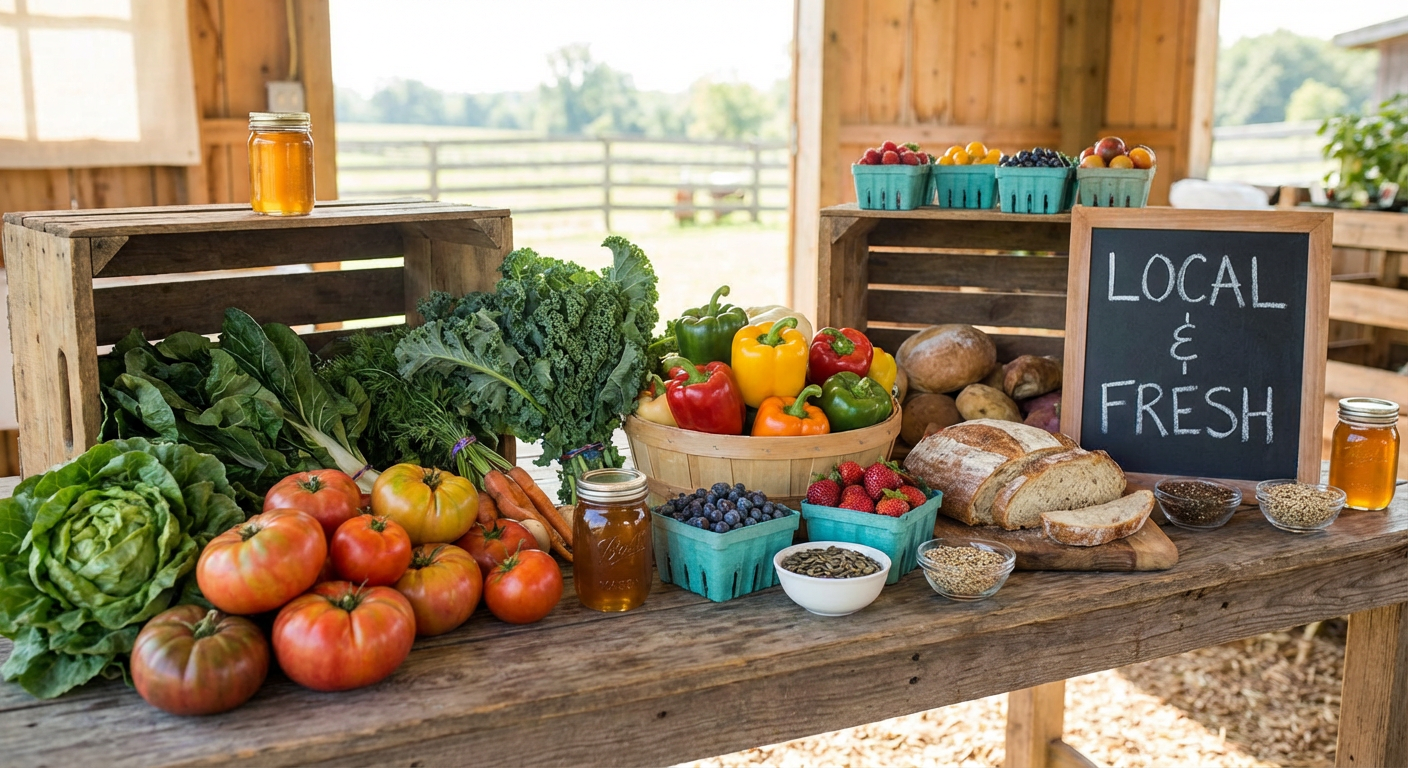 A vibrant arrangement of fresh, locally sourced ingredients for a healthy meal.