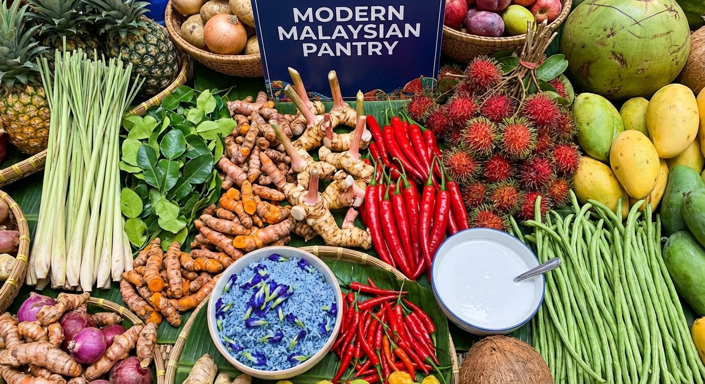 A vibrant display of fresh, healthy ingredients used in modern Malaysian cuisine.