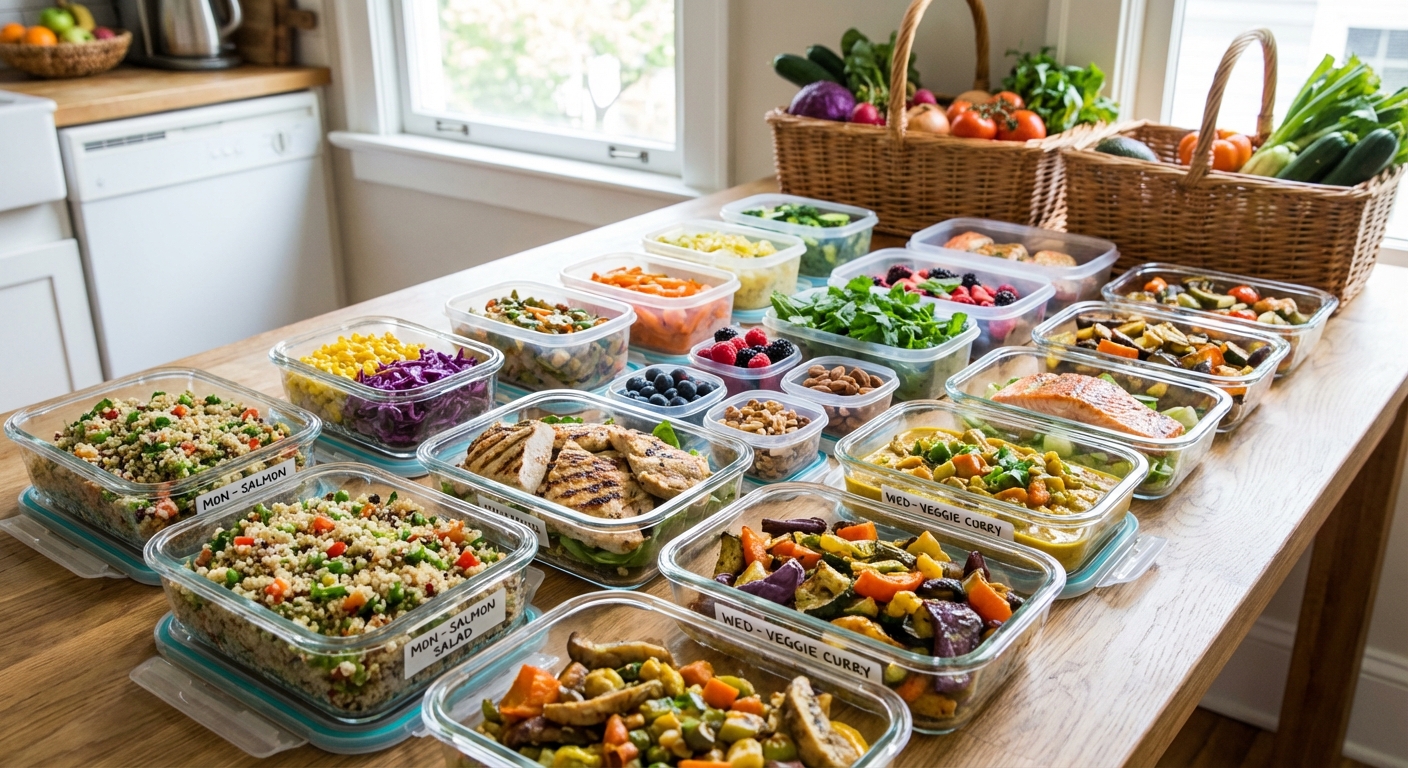 A vibrant display of fresh, healthy meal-prep containers.