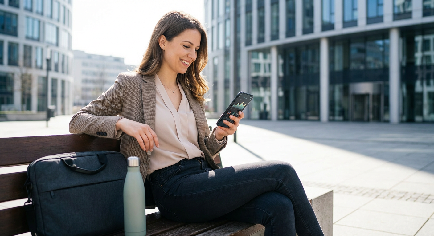 A young professional using a fitness app on her smartphone.