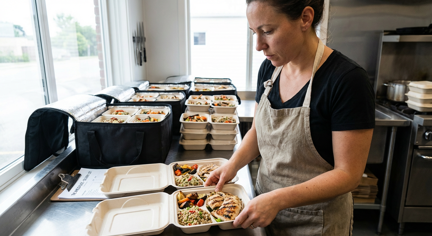 An entrepreneur carefully packing healthy meal prep boxes for delivery.