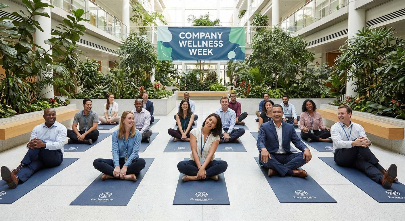 Colleagues participating in a corporate wellness yoga session.