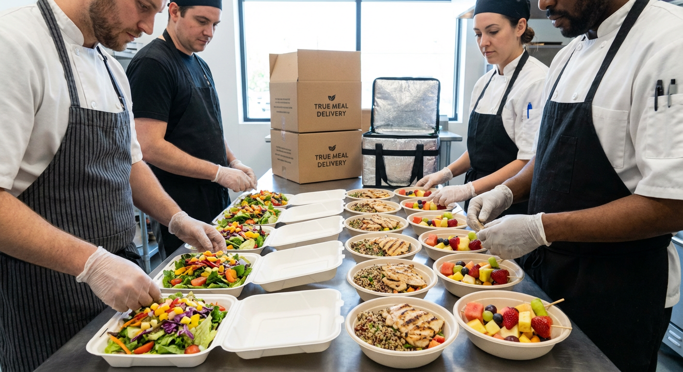 Fresh, healthy meals being prepared for a delivery service.