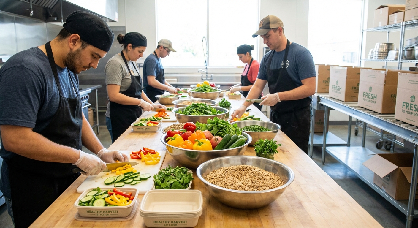Fresh ingredients being prepared for a healthy meal delivery service.