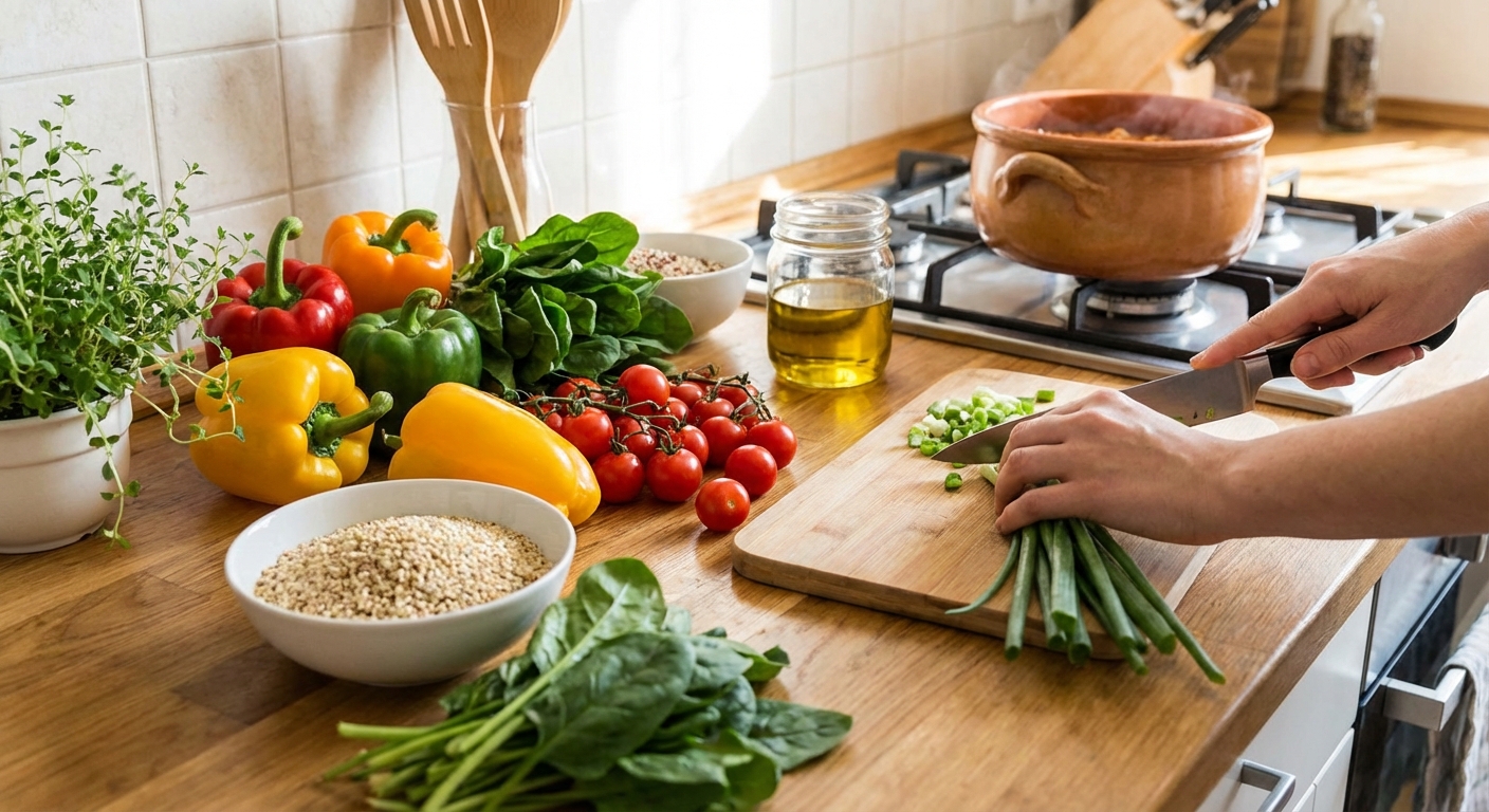 Fresh ingredients being prepared for a healthy meal.
