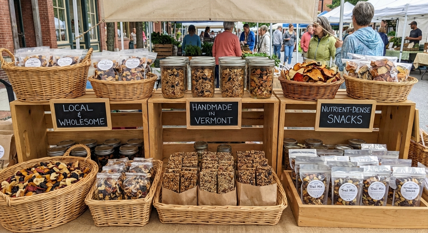 A display of locally-made, healthy snack products.