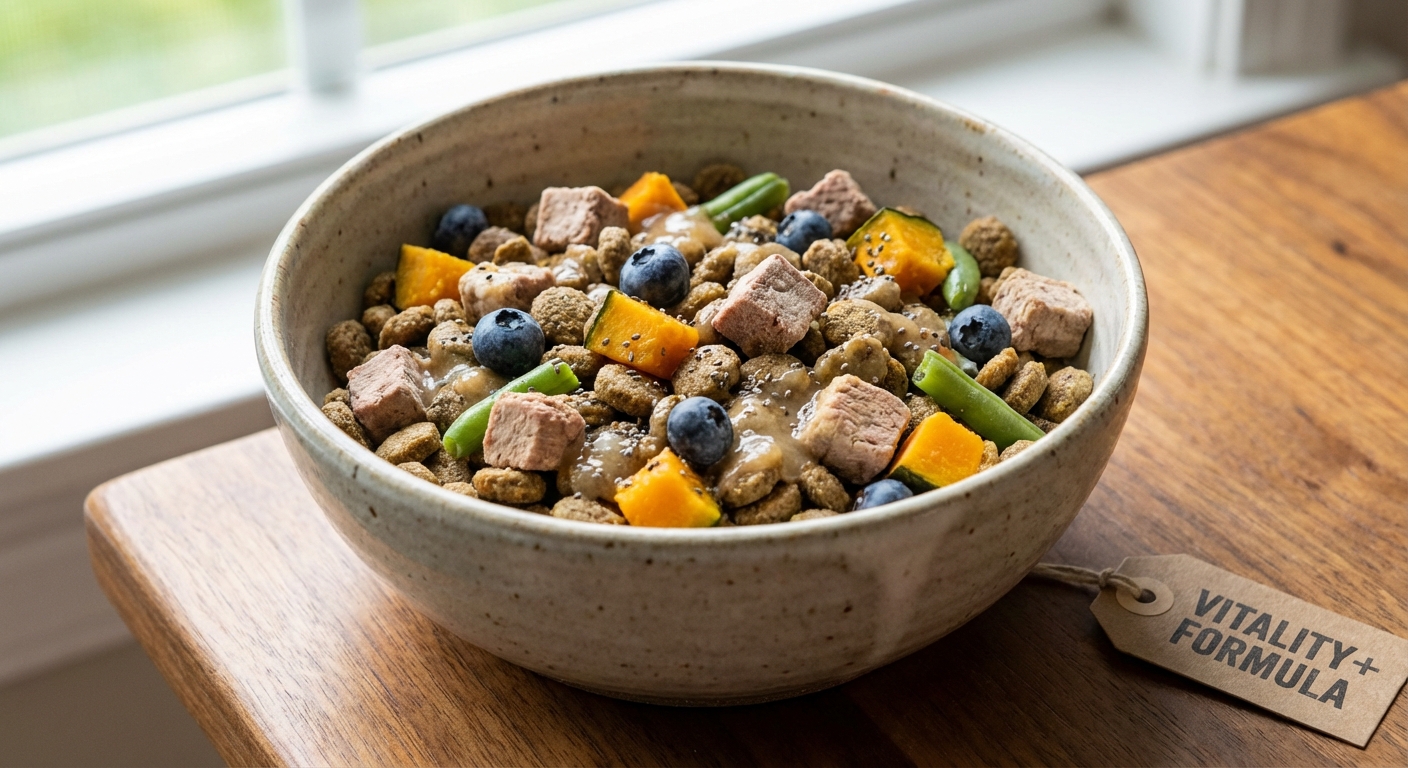 A close-up of a bowl of nutritious, specially formulated pet food.