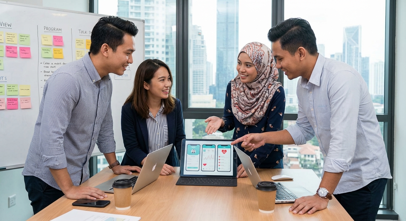 A group of young Malaysian entrepreneurs discussing a new health app design on a tablet.