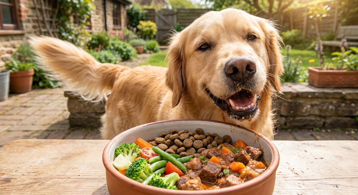 A happy dog enjoying a bowl of nutritious food.