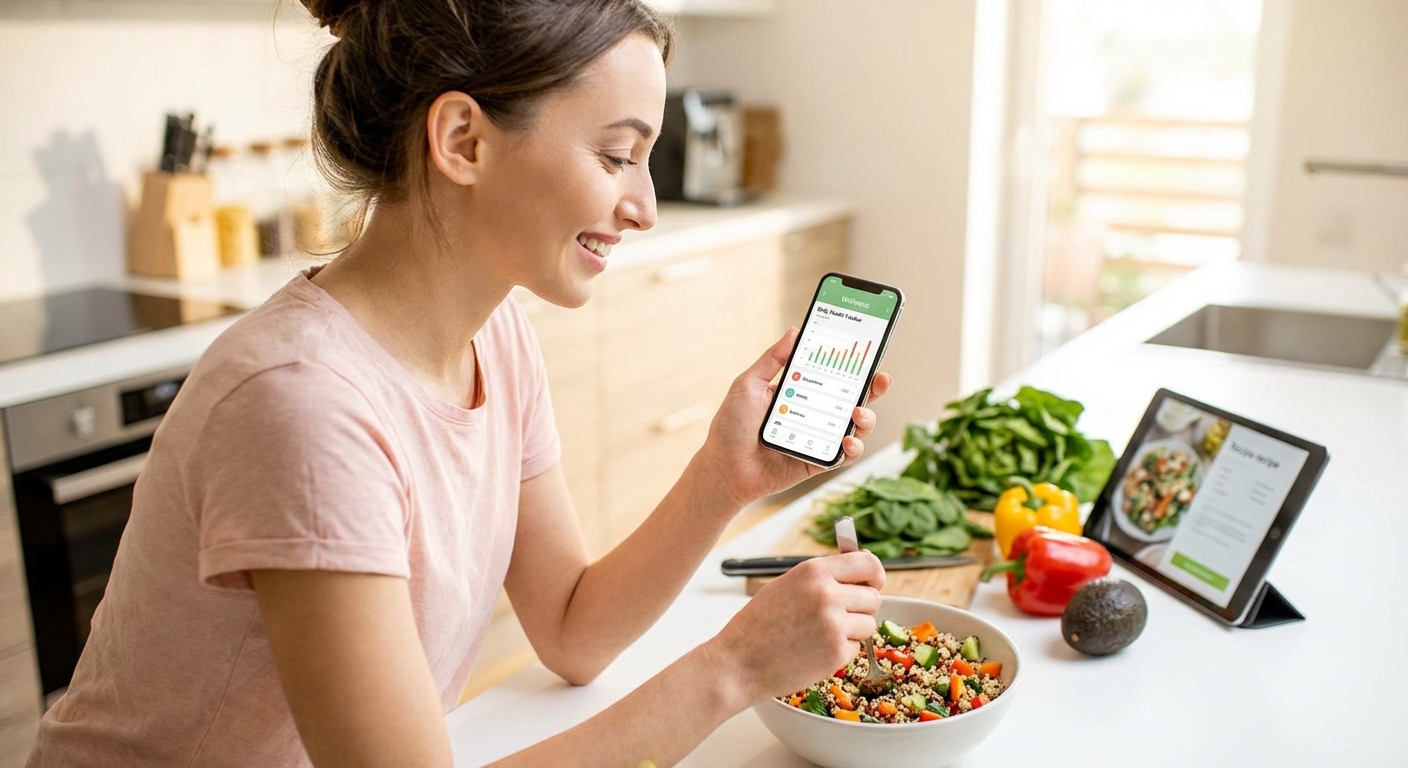 A person using a health and wellness app on their smartphone while preparing a healthy meal.