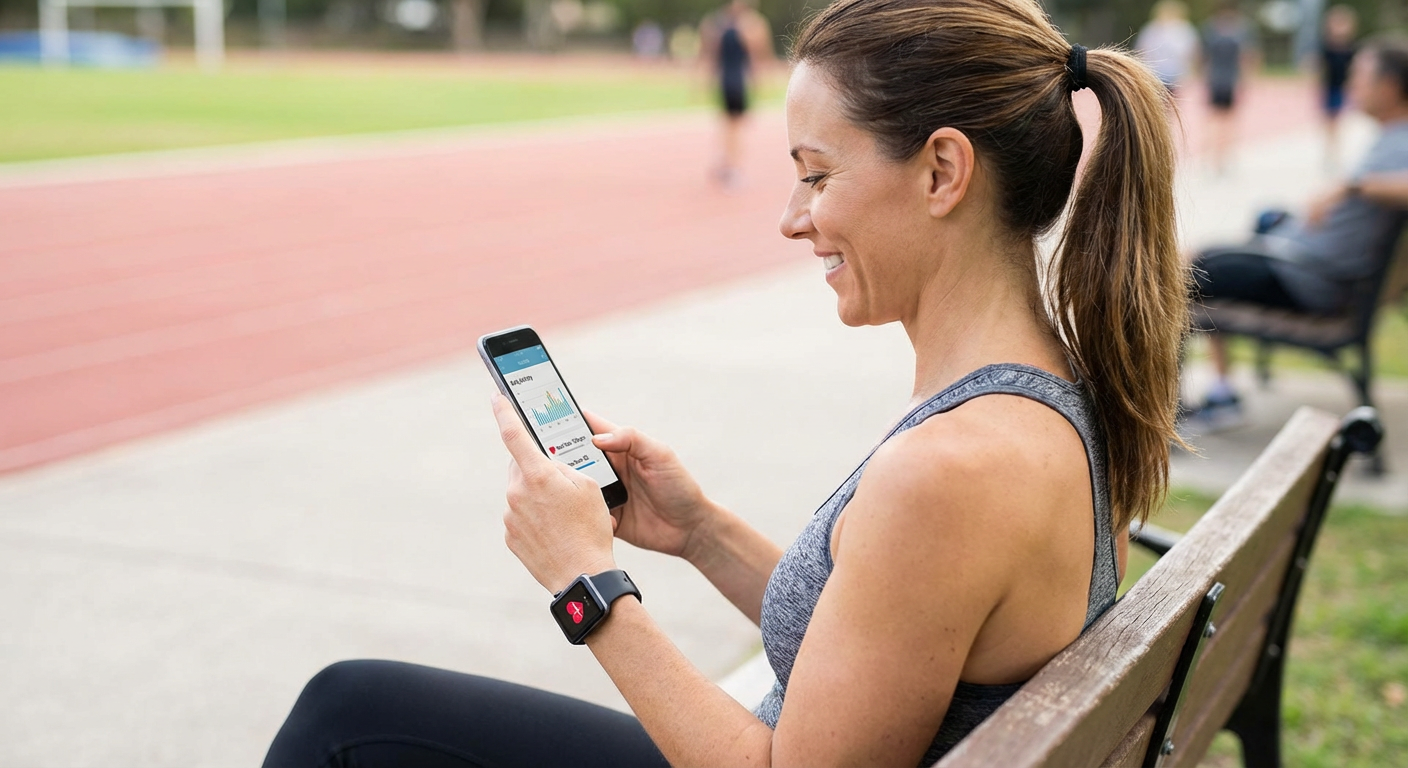 A person using a smartphone to track their health data from a wearable device.
