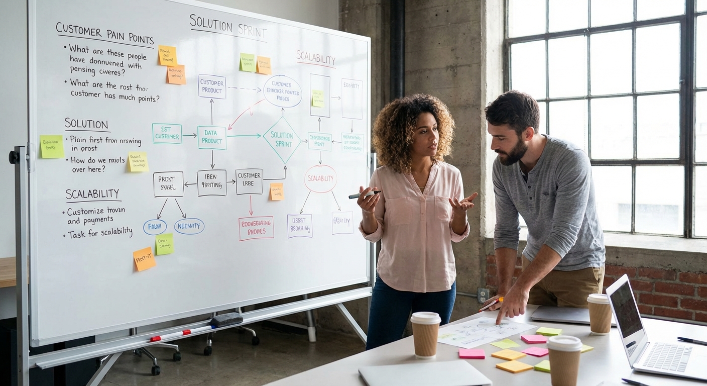 Two entrepreneurs brainstorming solutions on a whiteboard.