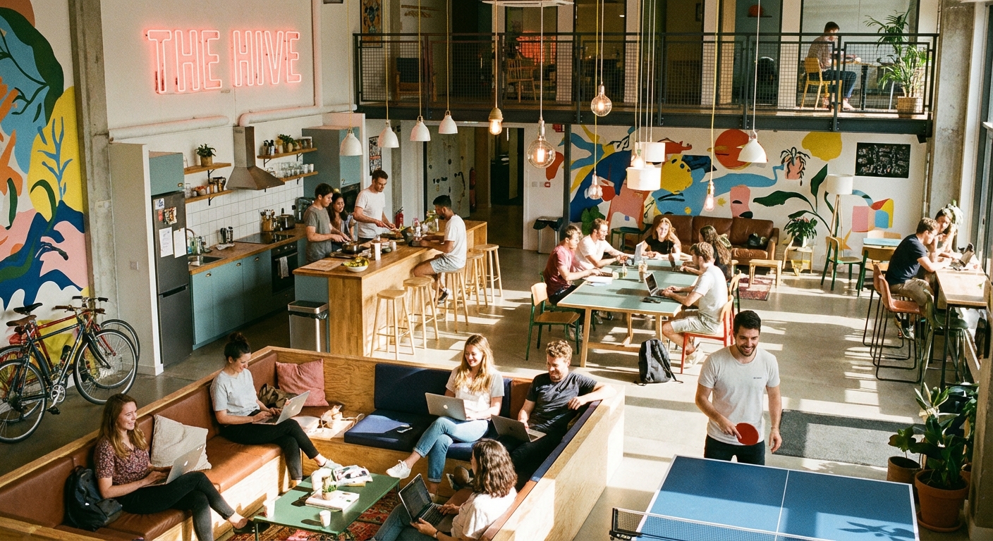 A vibrant co-living common area filled with young professionals.