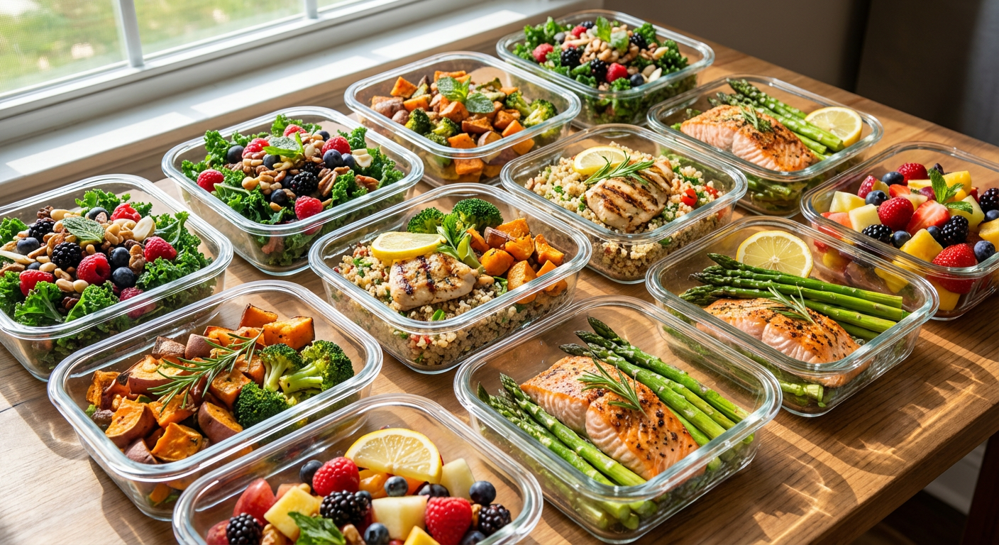 A vibrant display of fresh, healthy meal-prep containers.
