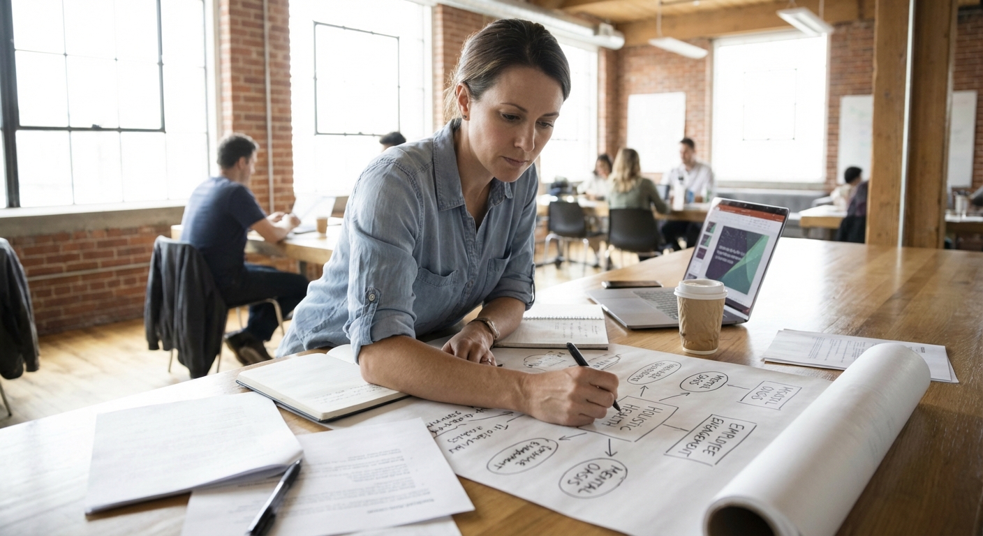 An entrepreneur sketching out new ideas for a corporate wellness programme.