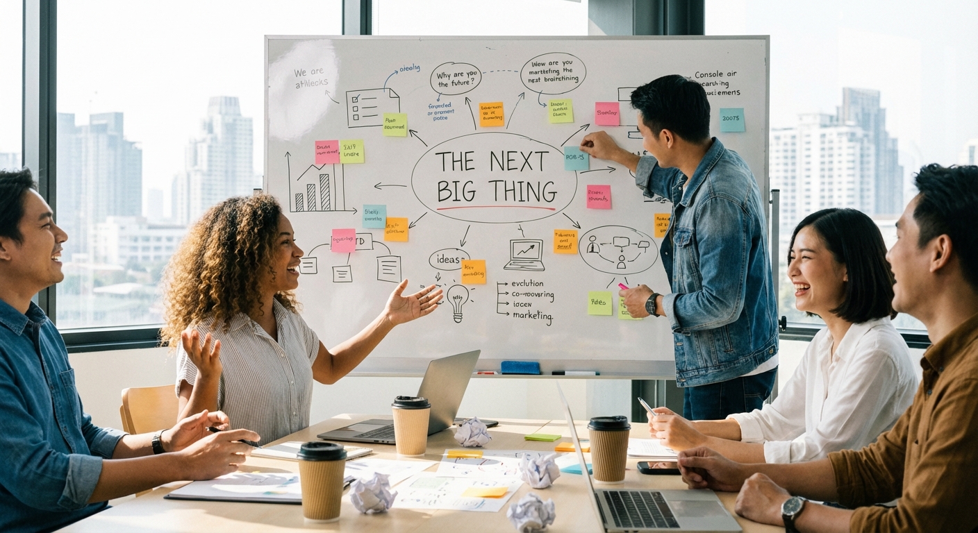 A group of entrepreneurs brainstorming ideas around a whiteboard.