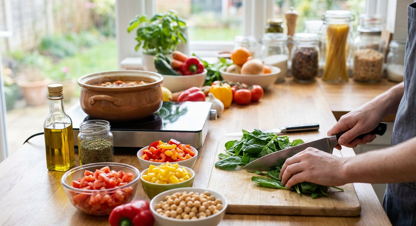 Fresh, healthy ingredients being prepared for a nutritious meal.