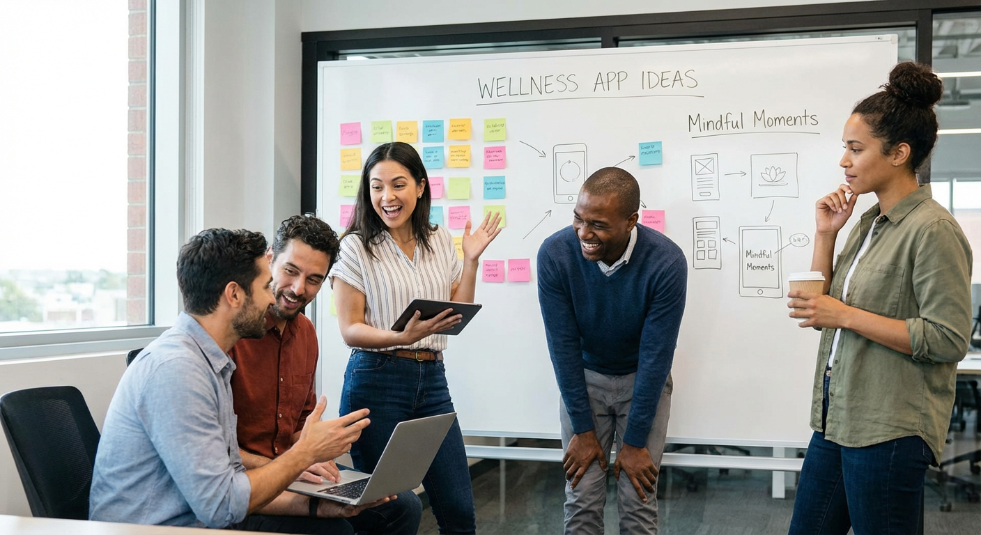 A team brainstorming innovative ideas for a new wellness app.