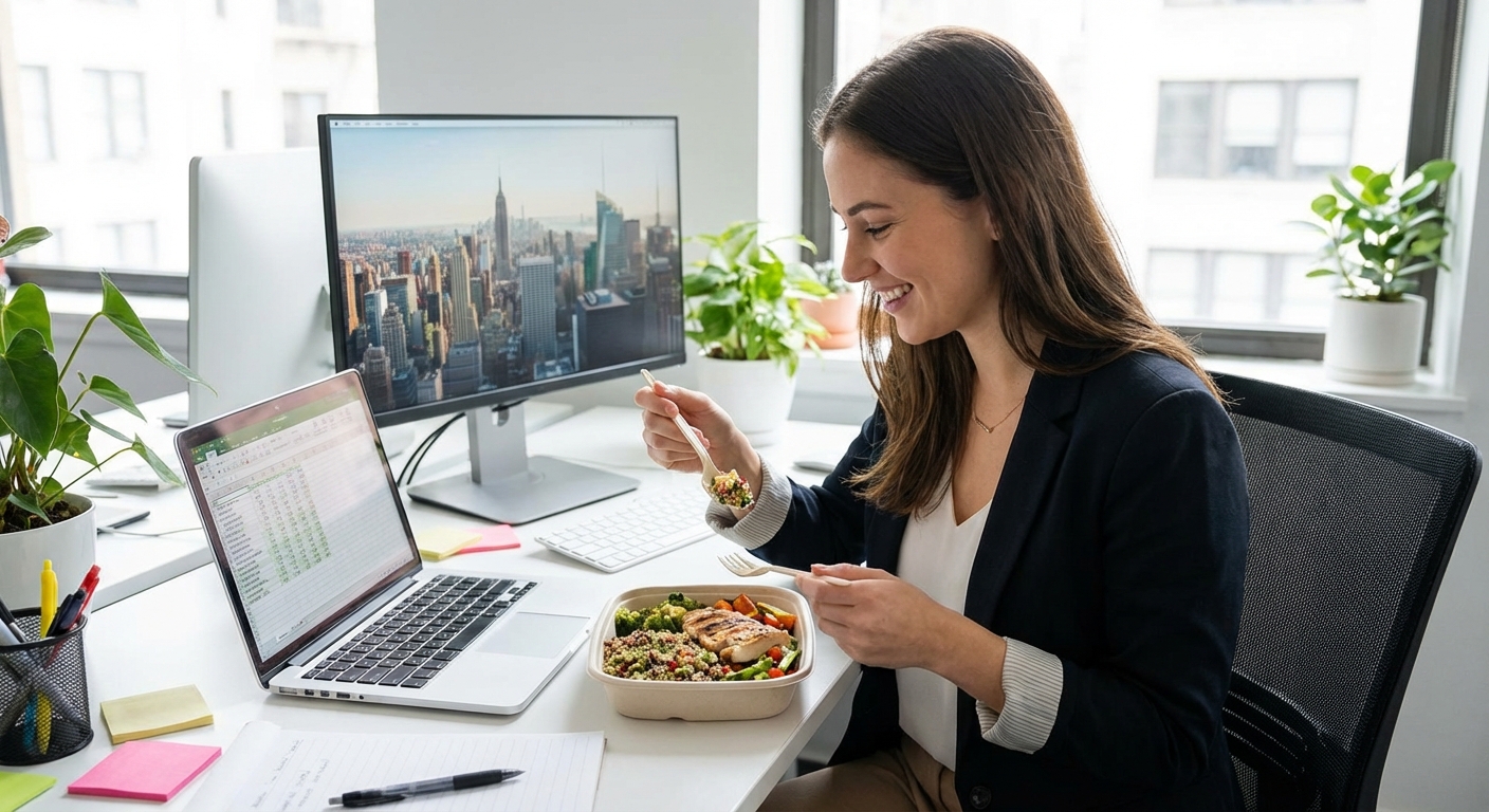 A young professional enjoying a healthy pre-packaged meal at their desk.