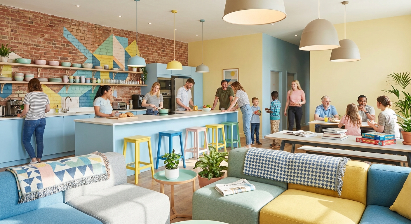 A vibrant and modern co-living communal kitchen and lounge area.