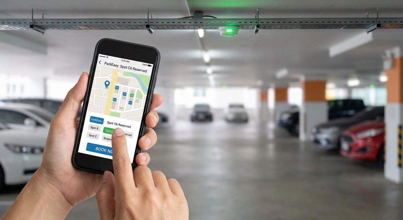 User interacting with a smart parking application on a smartphone.
