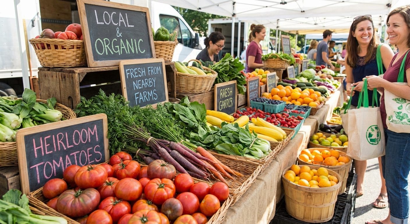 A colourful display of fresh, locally sourced fruits and vegetables at a market.