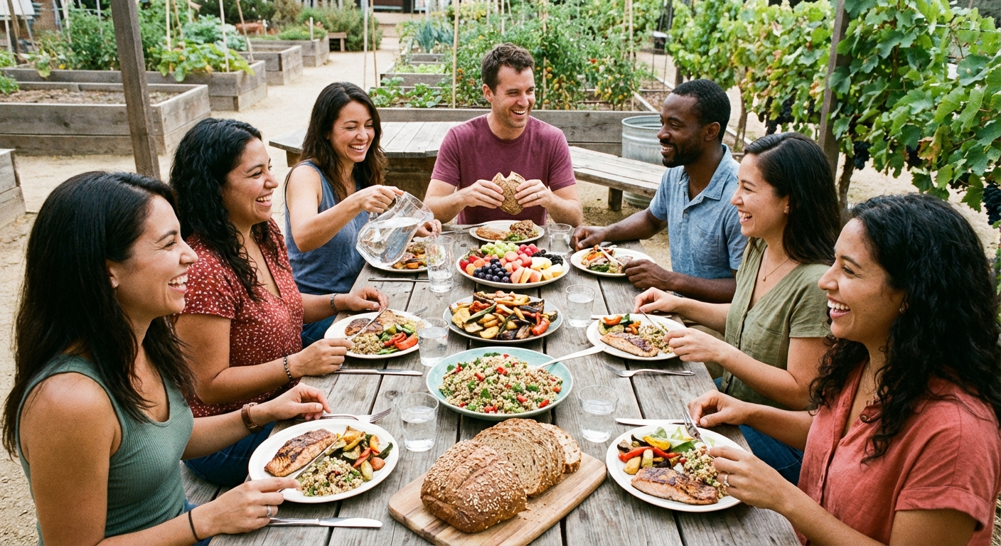 A group of people enjoying a healthy meal together.