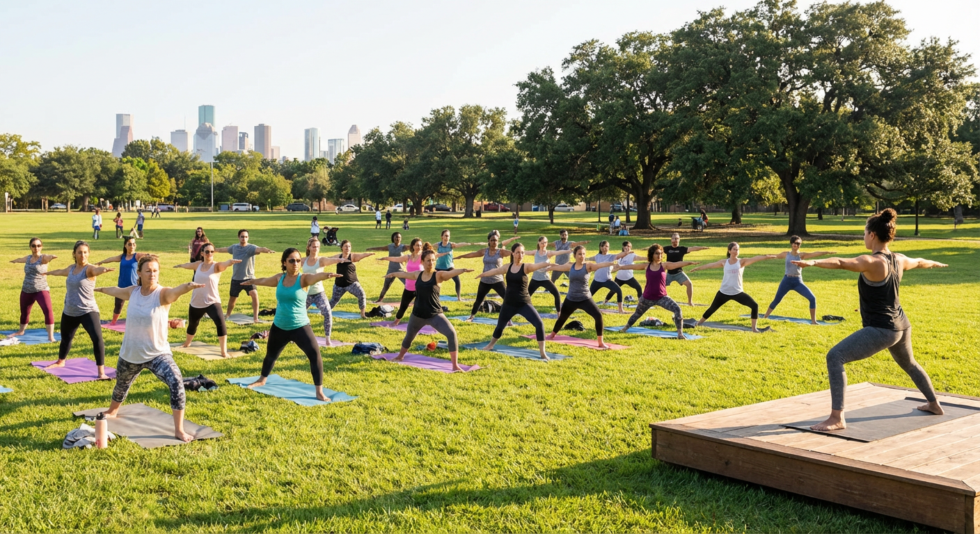 A group of people participating in an outdoor yoga session in a park.