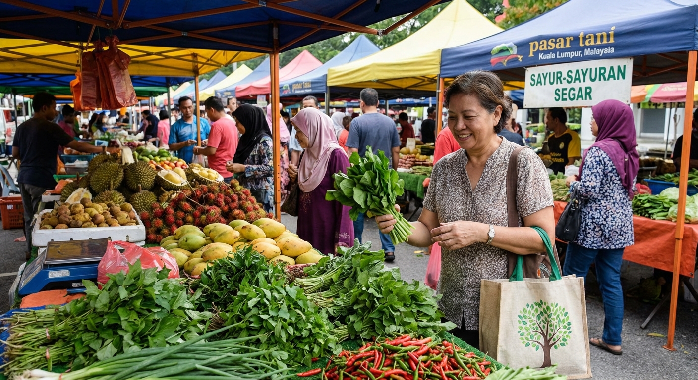 A person choosing fresh, healthy ingredients at a local Malaysian market.