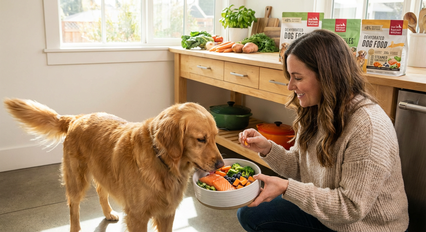 A person feeding their dog healthy, nutritious food.