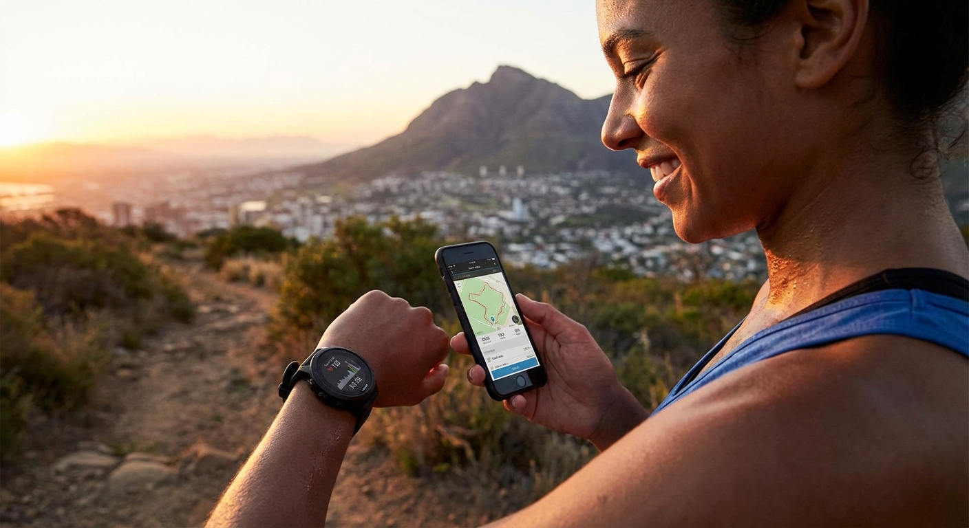 A person tracking their fitness progress on a smartphone and smartwatch.