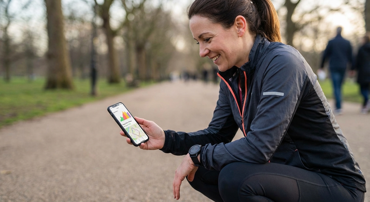 A person using a smartphone to track their fitness progress on a mobile app.