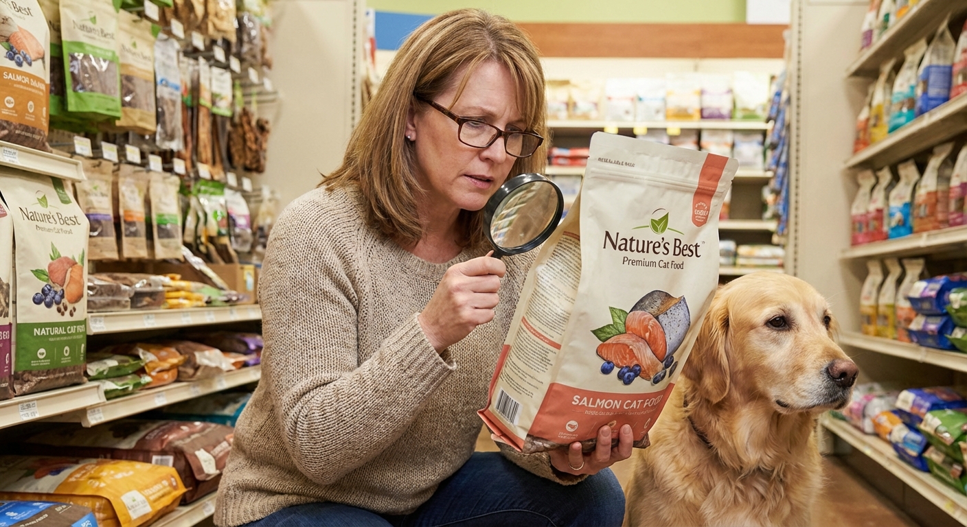 A pet owner carefully reading the nutritional information on a bag of premium pet food.
