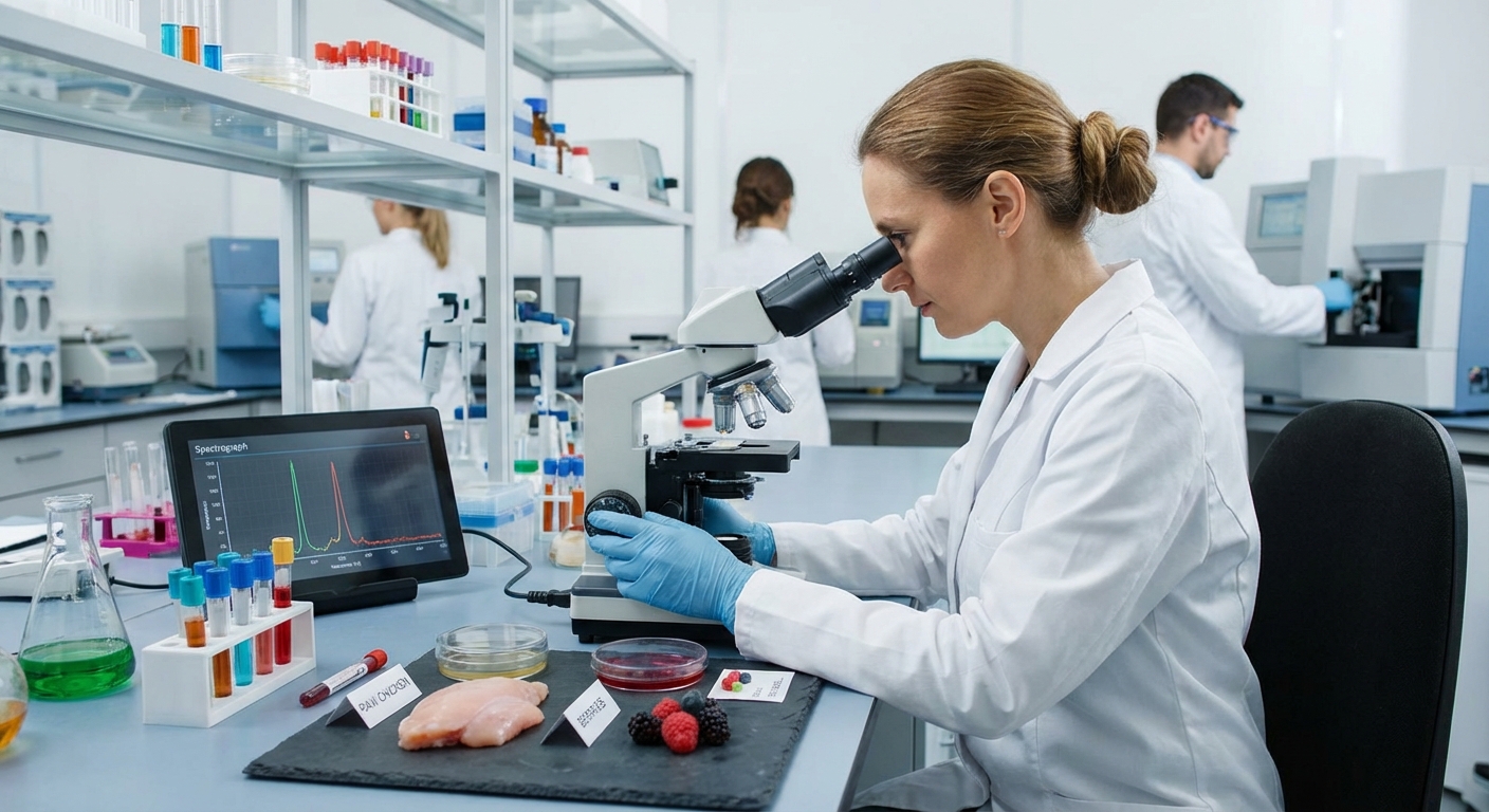 A scientist analysing food samples in a lab.