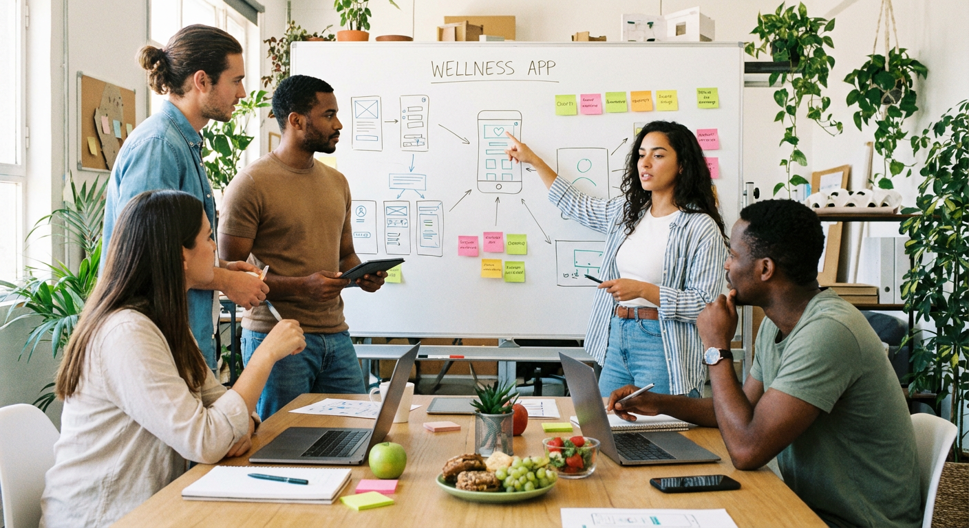 A team of young professionals brainstorming ideas for a new wellness app.