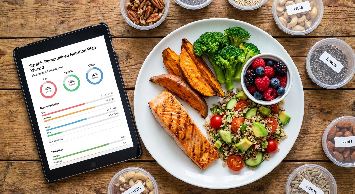 A colourful and balanced meal prepared as part of a personalised nutrition plan.